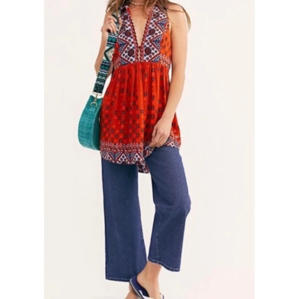 Free People Boho Printed Halter‎ Tunic Top Orange Blue Women's XS Festival Boho